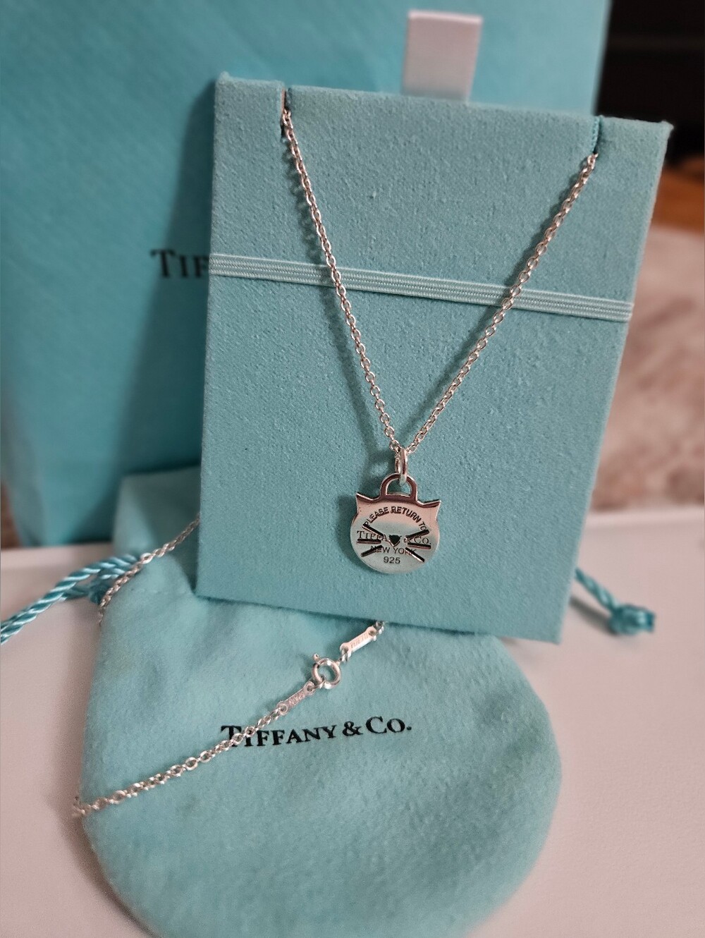 Tiffany & Co. Rare Return to Tiffany Cat Tag Sterling Silver Necklace Length 16"